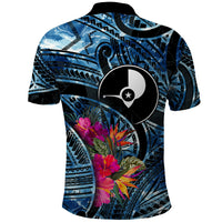 Yap Day Island Floral Tribal Heritage Polo Shirt Micronesian Hibiscus Pattern Polynesian Tattoo Blue Art