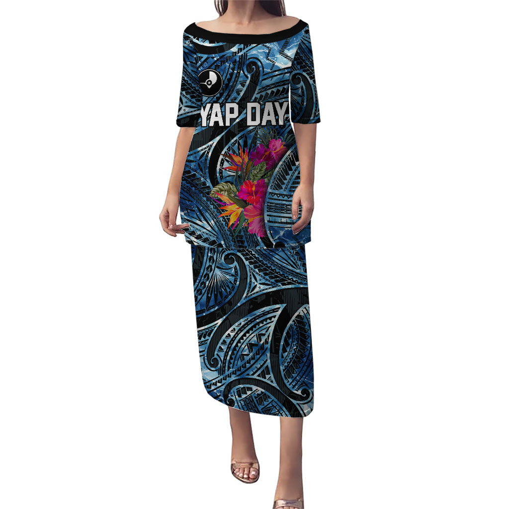 Yap Day Island Floral Tribal Heritage Puletasi Micronesian Hibiscus Pattern Polynesian Tattoo Blue Art TS04 Long Dress Black Blue - Polynesian Pride