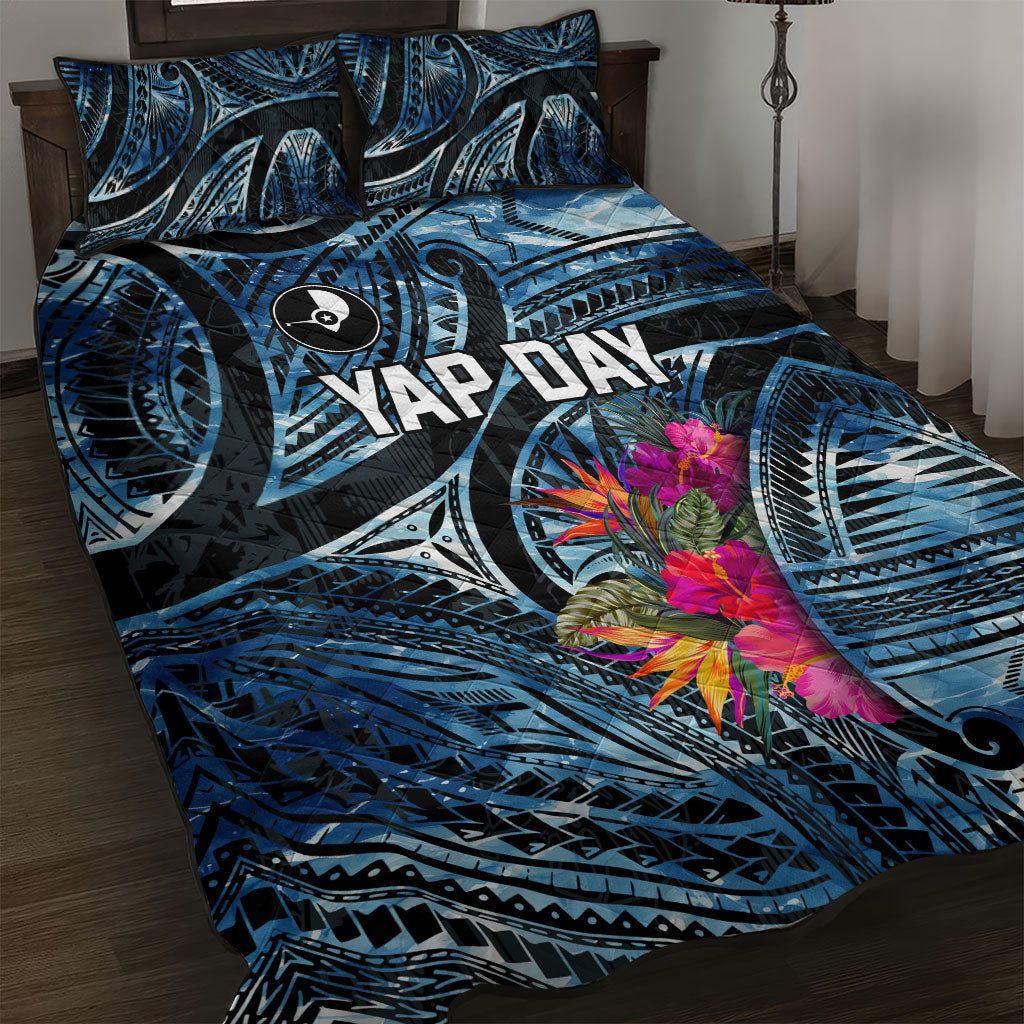 Yap Day Island Floral Tribal Heritage Quilt Bed Set Micronesian Hibiscus Pattern Polynesian Tattoo Blue Art
