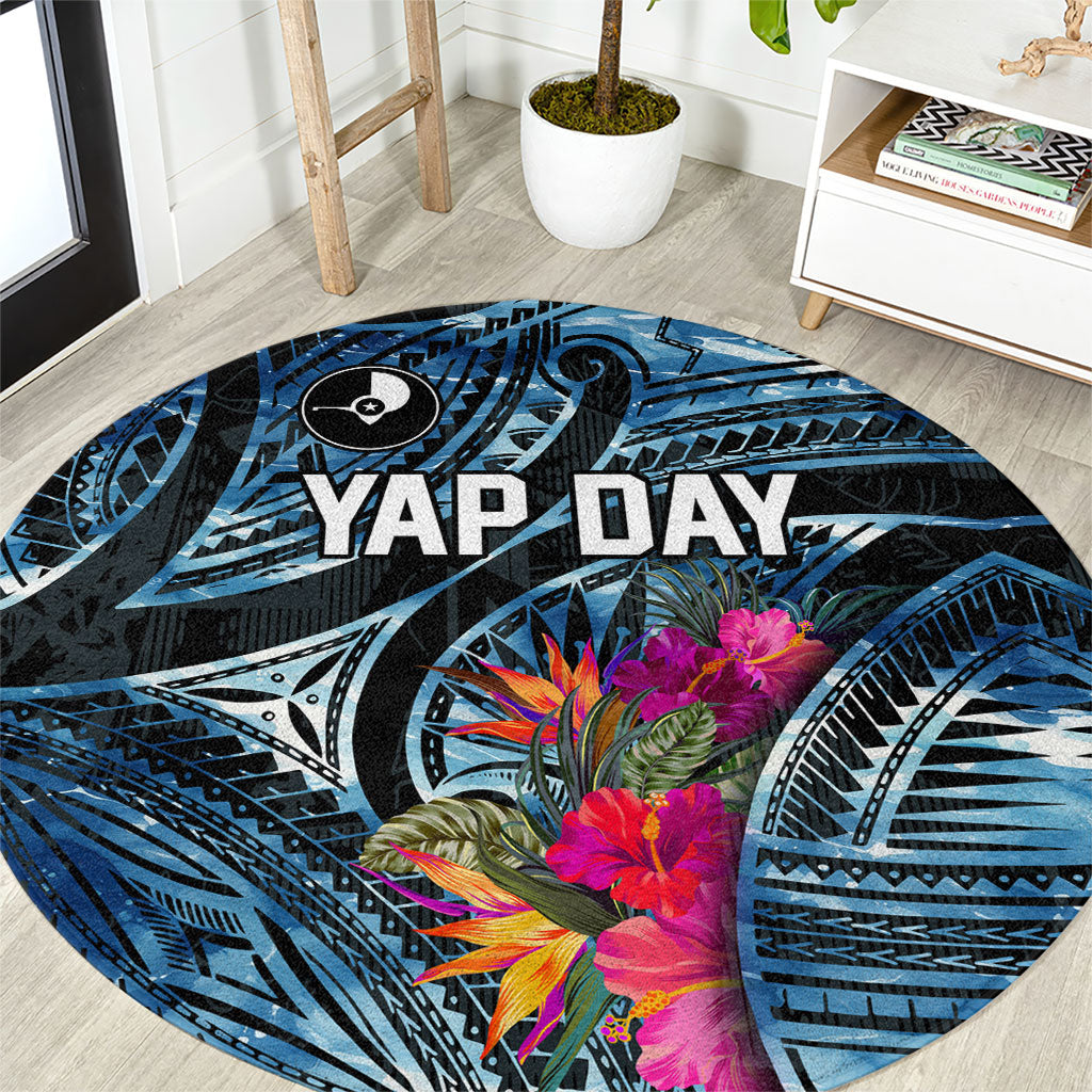 Yap Day Island Floral Tribal Heritage Round Carpet Micronesian Hibiscus Pattern Polynesian Tattoo Blue Art