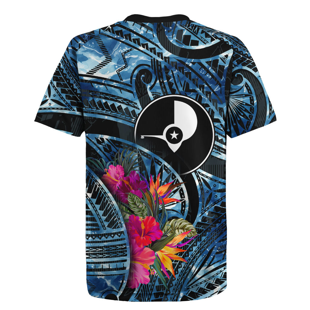 Yap Day Island Floral Tribal Heritage Rugby Jersey Micronesian Hibiscus Pattern Polynesian Tattoo Blue Art