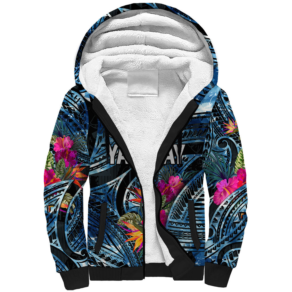 Yap Day Island Floral Tribal Heritage Sherpa Hoodie Micronesian Hibiscus Pattern Polynesian Tattoo Blue Art TS04 Unisex Black Blue - Polynesian Pride