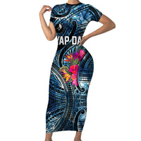 Yap Day Island Floral Tribal Heritage Short Sleeve Bodycon Dress Micronesian Hibiscus Pattern Polynesian Tattoo Blue Art