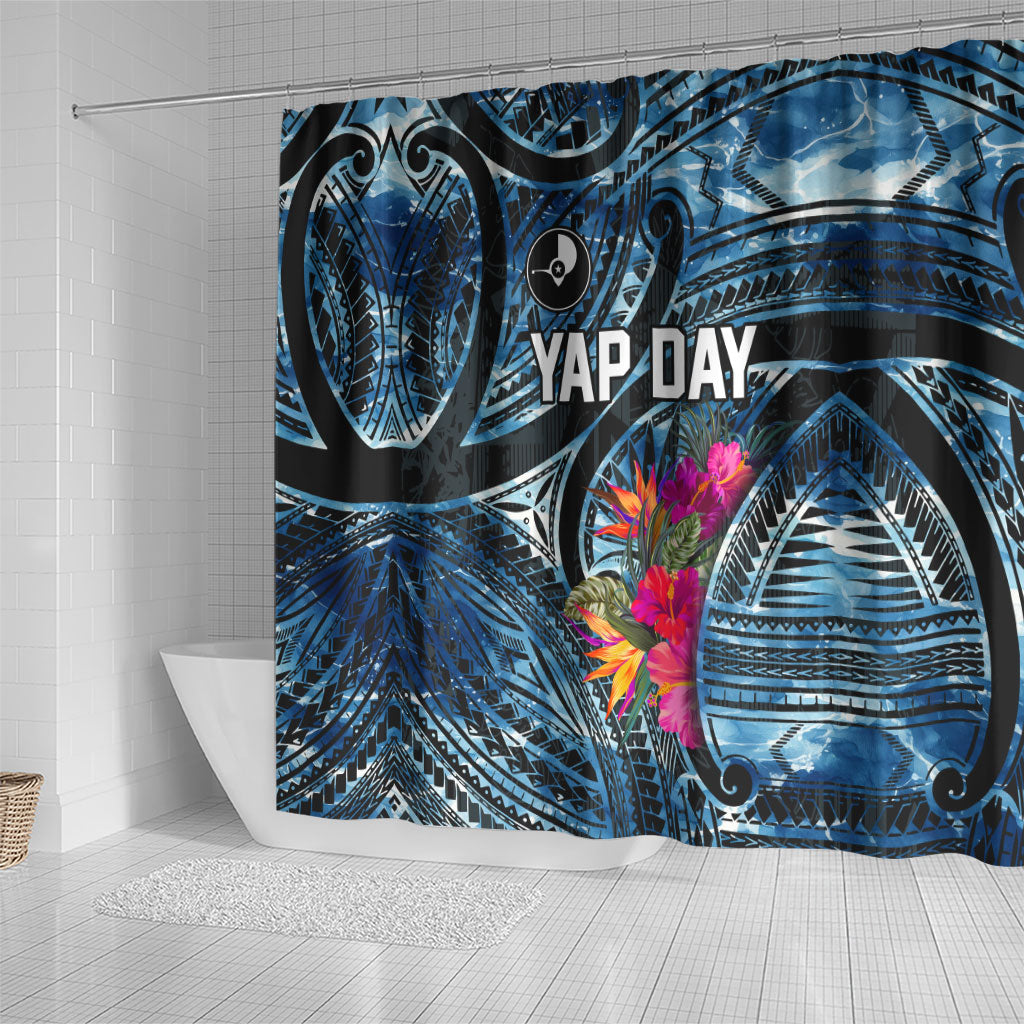 Yap Day Island Floral Tribal Heritage Shower Curtain Micronesian Hibiscus Pattern Polynesian Tattoo Blue Art