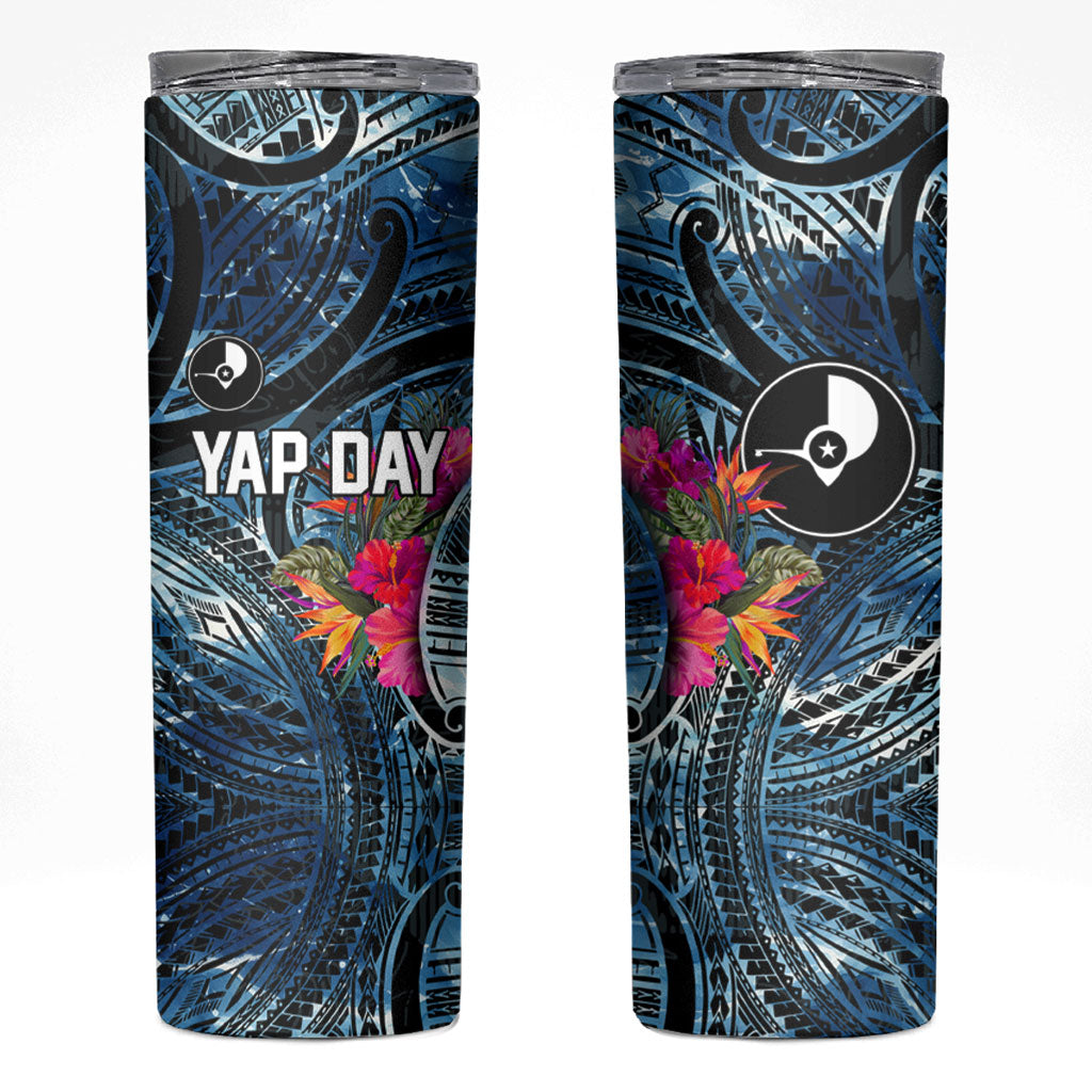 Yap Day Island Floral Tribal Heritage Skinny Tumbler Micronesian Hibiscus Pattern Polynesian Tattoo Blue Art