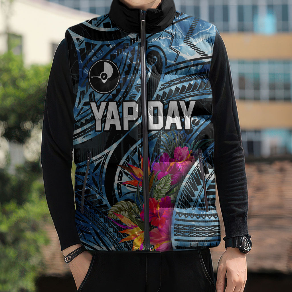 Yap Day Island Floral Tribal Heritage Sleeveless Puffer Jacket Micronesian Hibiscus Pattern Polynesian Tattoo Blue Art