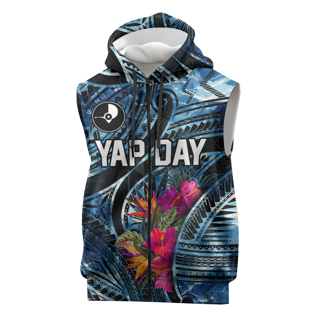 Yap Day Island Floral Tribal Heritage Sleeveless Zip Hoodie Micronesian Hibiscus Pattern Polynesian Tattoo Blue Art TS04 Black Blue - Polynesian Pride