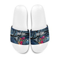 Yap Day Island Floral Tribal Heritage Slide Sandals Micronesian Hibiscus Pattern Polynesian Tattoo Blue Art