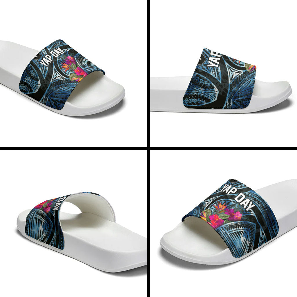 Yap Day Island Floral Tribal Heritage Slide Sandals Micronesian Hibiscus Pattern Polynesian Tattoo Blue Art