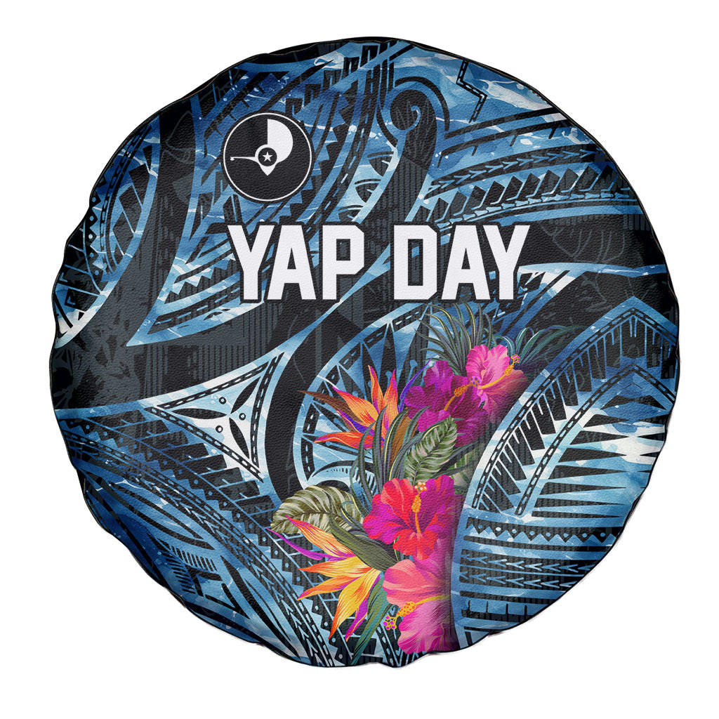 Yap Day Island Floral Tribal Heritage Spare Tire Cover Micronesian Hibiscus Pattern Polynesian Tattoo Blue Art