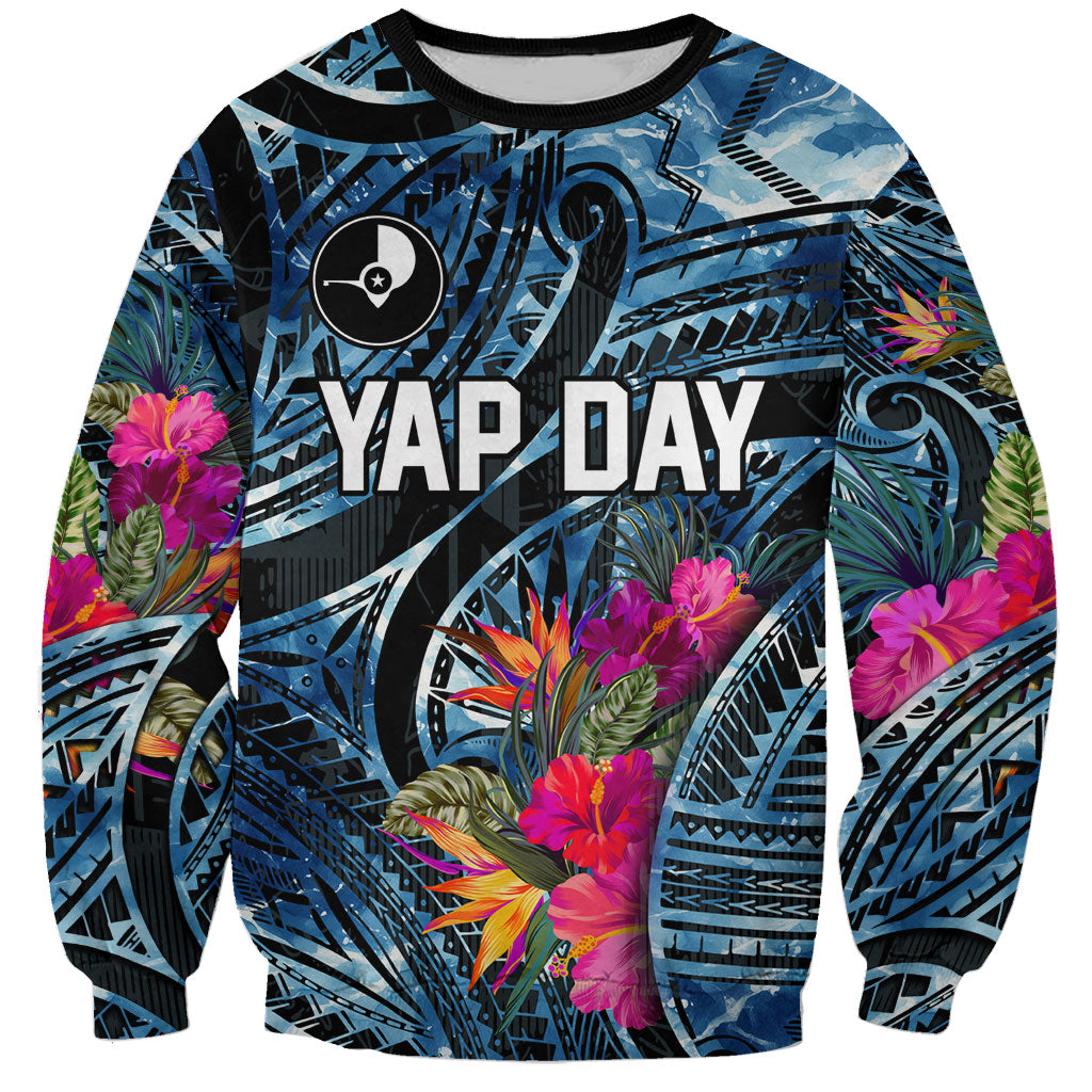 Yap Day Island Floral Tribal Heritage Sweatshirt Micronesian Hibiscus Pattern Polynesian Tattoo Blue Art