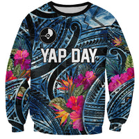 Yap Day Island Floral Tribal Heritage Sweatshirt Micronesian Hibiscus Pattern Polynesian Tattoo Blue Art