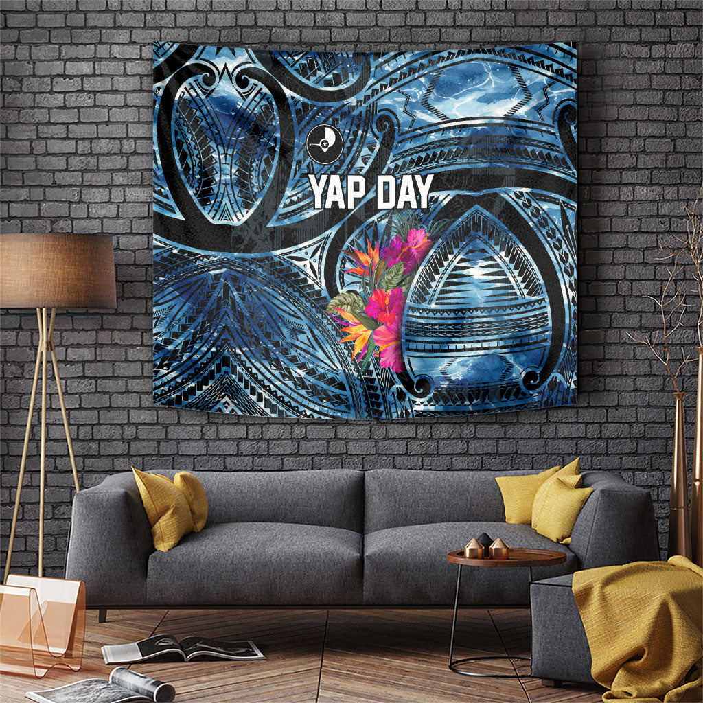 Yap Day Island Floral Tribal Heritage Tapestry Micronesian Hibiscus Pattern Polynesian Tattoo Blue Art TS04 Black Blue - Polynesian Pride