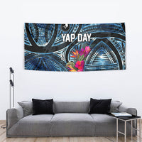 Yap Day Island Floral Tribal Heritage Tapestry Micronesian Hibiscus Pattern Polynesian Tattoo Blue Art