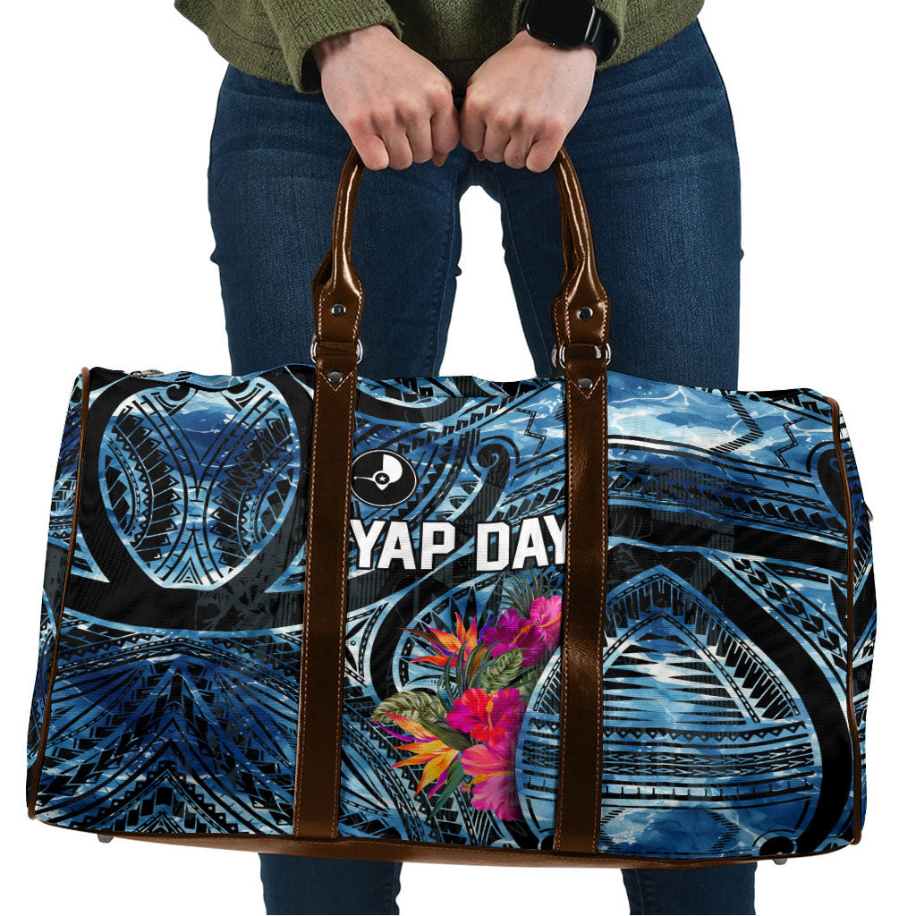 Yap Day Island Floral Tribal Heritage Travel Bag Micronesian Hibiscus Pattern Polynesian Tattoo Blue Art