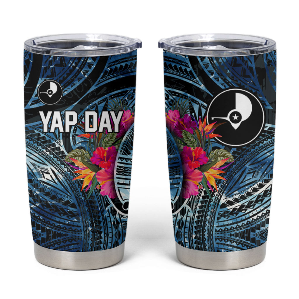 Yap Day Island Floral Tribal Heritage Tumbler Cup Micronesian Hibiscus Pattern Polynesian Tattoo Blue Art