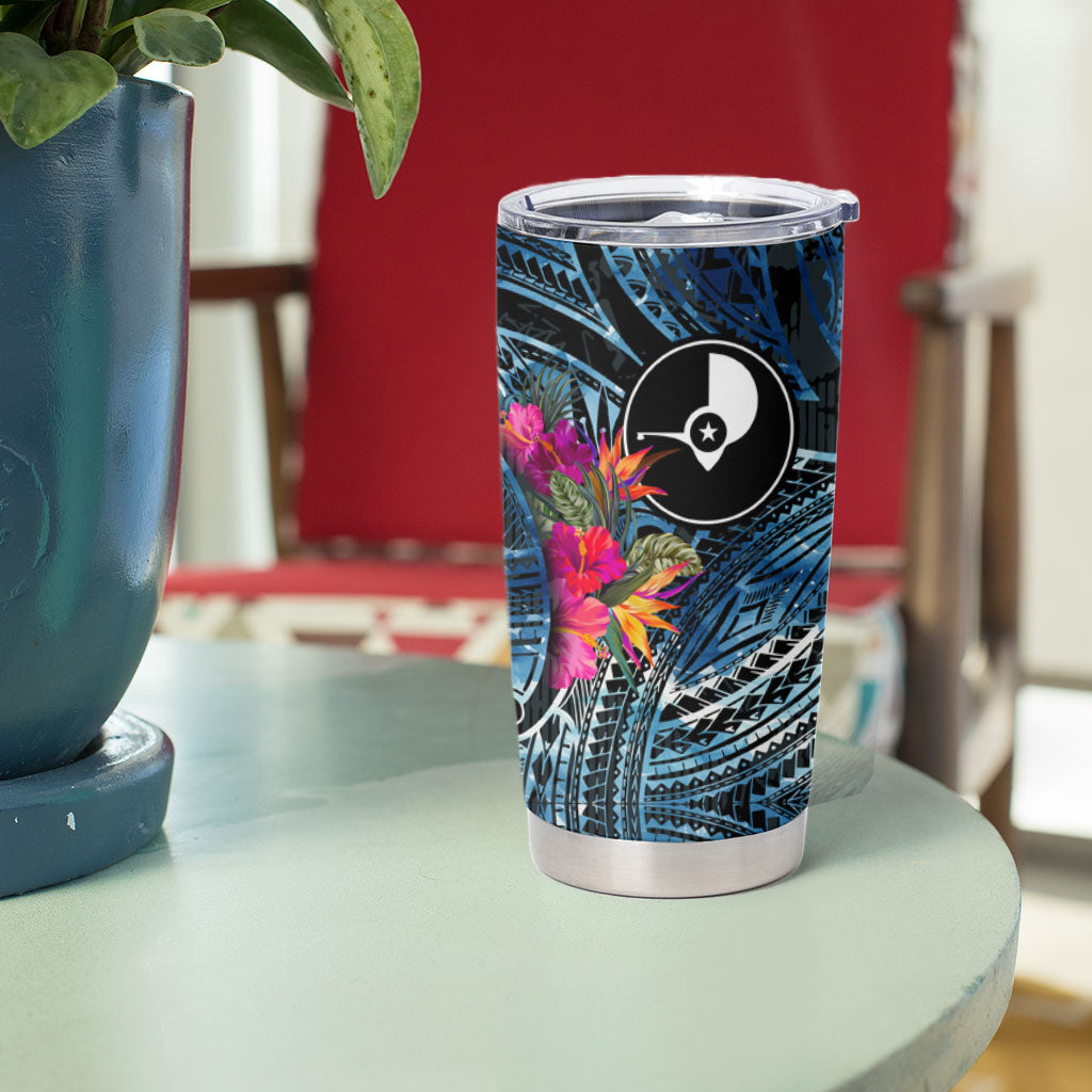 Yap Day Island Floral Tribal Heritage Tumbler Cup Micronesian Hibiscus Pattern Polynesian Tattoo Blue Art