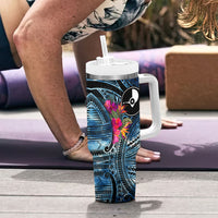 Yap Day Island Floral Tribal Heritage Tumbler With Handle Micronesian Hibiscus Pattern Polynesian Tattoo Blue Art