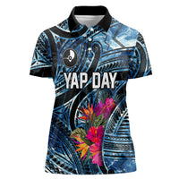 Yap Day Island Floral Tribal Heritage Women Polo Shirt Micronesian Hibiscus Pattern Polynesian Tattoo Blue Art