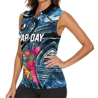 Yap Day Island Floral Tribal Heritage Women Sleeveless Polo Shirt Micronesian Hibiscus Pattern Polynesian Tattoo Blue Art