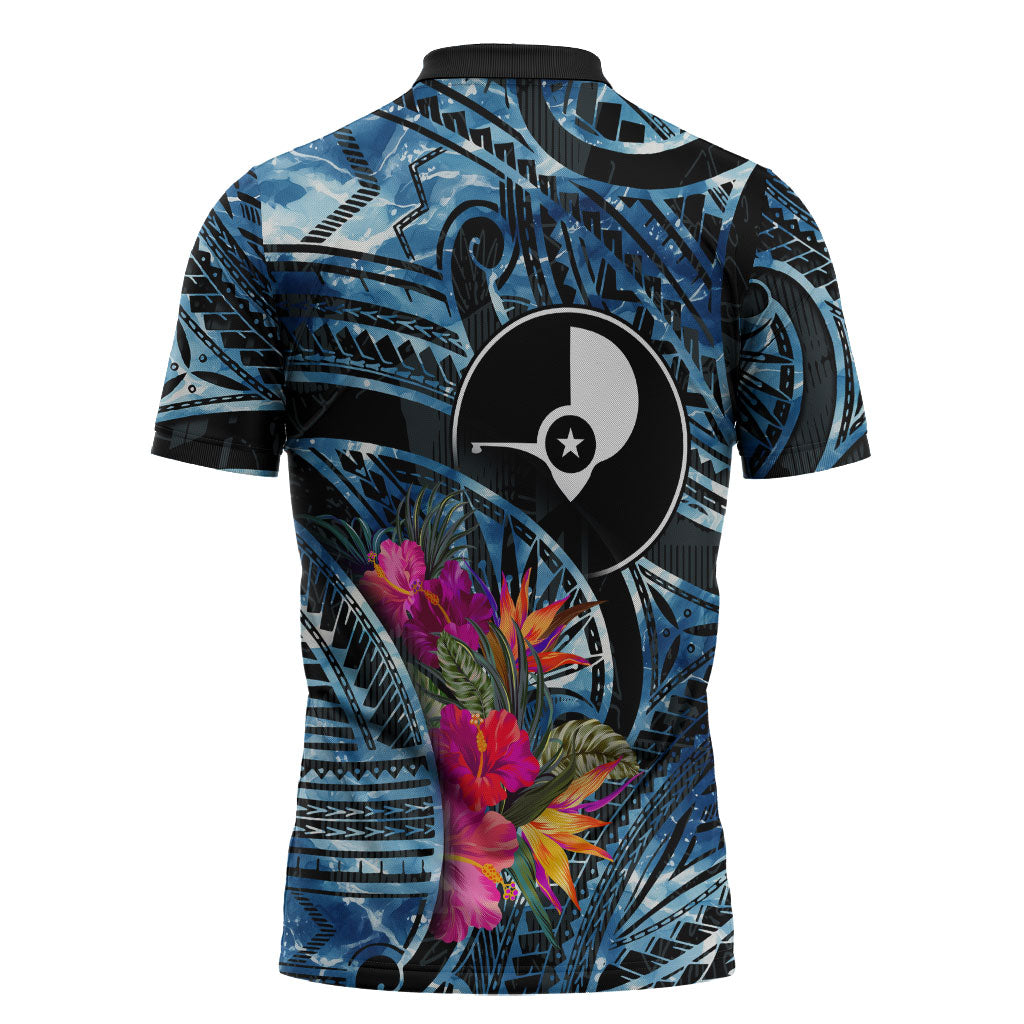 Yap Day Island Floral Tribal Heritage Zipper Polo Shirt Micronesian Hibiscus Pattern Polynesian Tattoo Blue Art