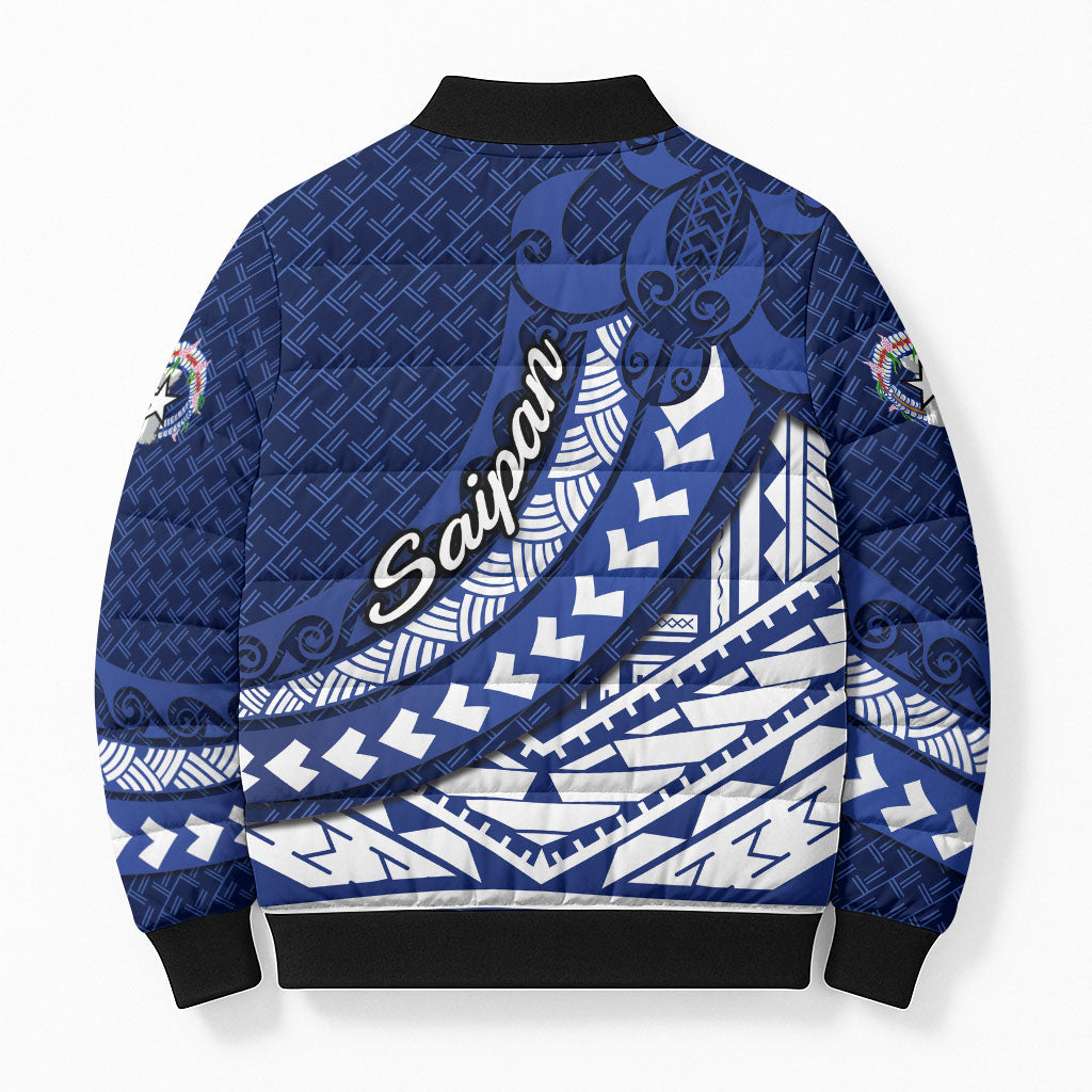Northern Mariana Islands Saipan Bomber Puffer Jacket Polynesian Tribal Pattern - Commonwealth Seal Art