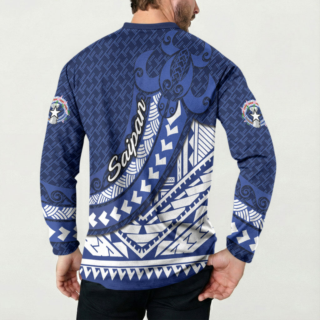 Northern Mariana Islands Saipan Button Sweatshirt Polynesian Tribal Pattern - Commonwealth Seal Art
