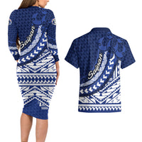 Northern Mariana Islands Saipan Couples Matching Long Sleeve Bodycon Dress and Hawaiian Shirt Polynesian Tribal Pattern - Commonwealth Seal Art
