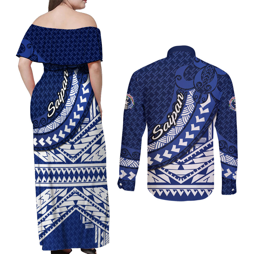 Northern Mariana Islands Saipan Couples Matching Off Shoulder Maxi Dress and Long Sleeve Button Shirt Polynesian Tribal Pattern - Commonwealth Seal Art