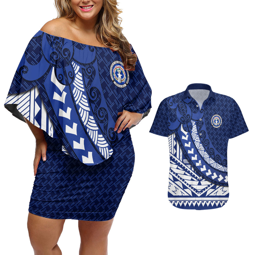 Northern Mariana Islands Saipan Couples Matching Off Shoulder Short Dress and Hawaiian Shirt Polynesian Tribal Pattern - Commonwealth Seal Art