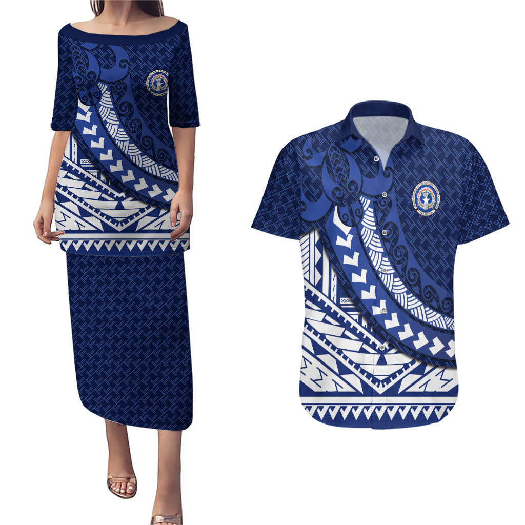 Northern Mariana Islands Saipan Couples Matching Puletasi and Hawaiian Shirt Polynesian Tribal Pattern - Commonwealth Seal Art