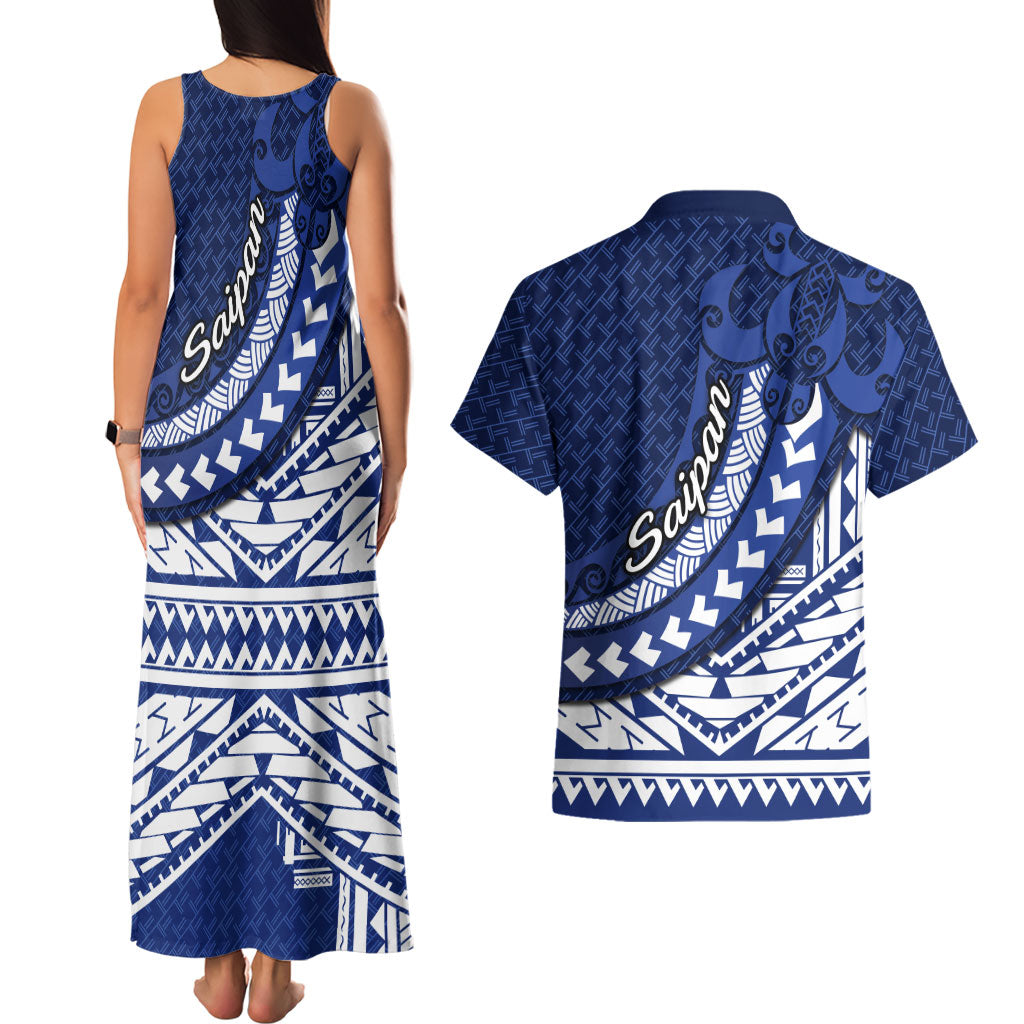 Northern Mariana Islands Saipan Couples Matching Tank Maxi Dress and Hawaiian Shirt Polynesian Tribal Pattern - Commonwealth Seal Art