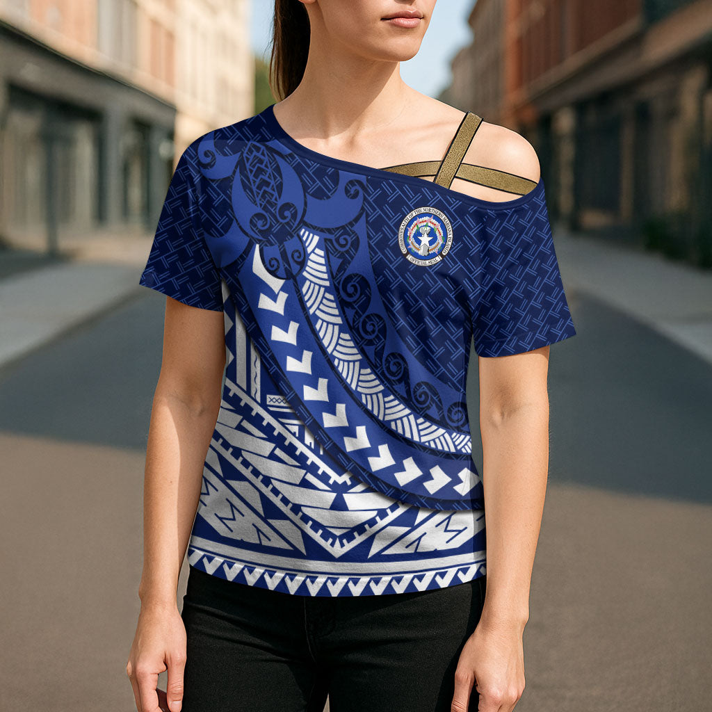 Northern Mariana Islands Saipan Cross Shoulder Shirt Polynesian Tribal Pattern - Commonwealth Seal Art