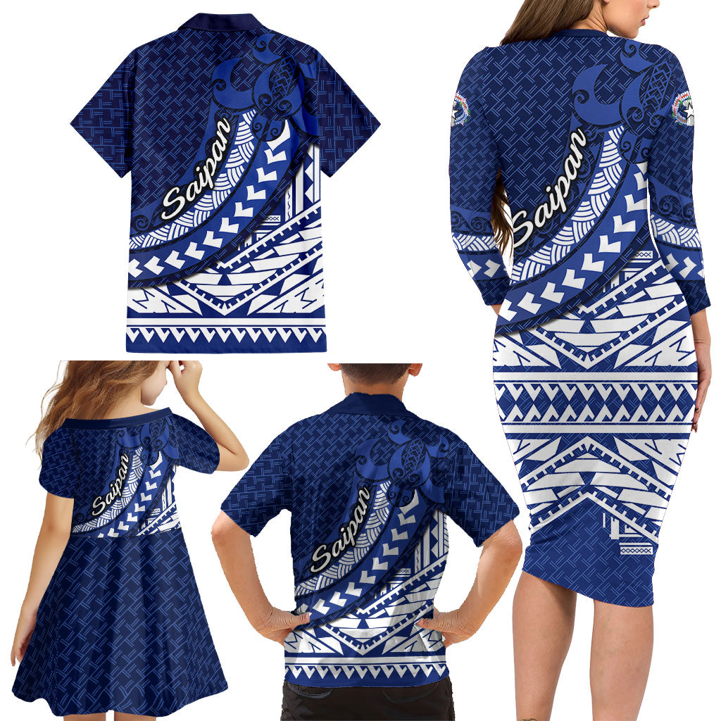 Northern Mariana Islands Saipan Family Matching Long Sleeve Bodycon Dress and Hawaiian Shirt Polynesian Tribal Pattern - Commonwealth Seal Art TS04 - Polynesian Pride
