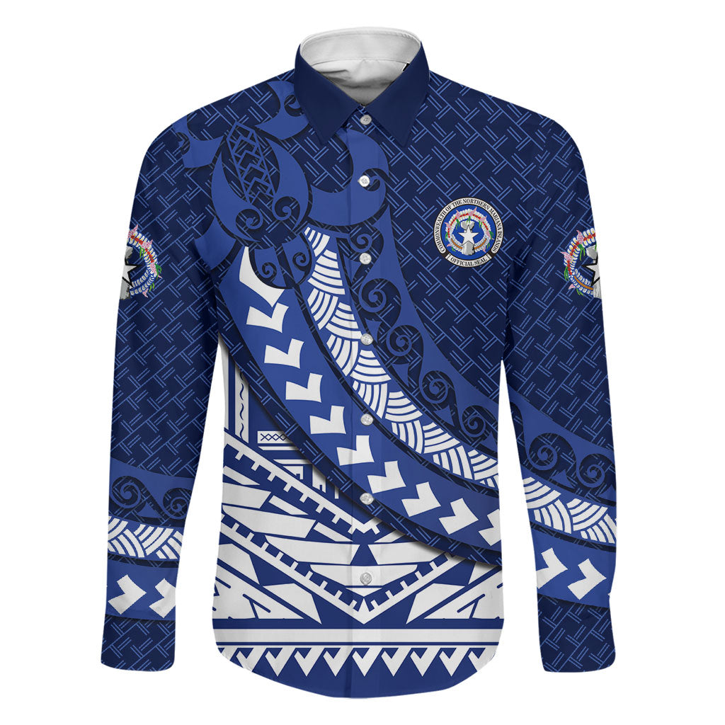 Northern Mariana Islands Saipan Family Matching Mermaid Dress and Hawaiian Shirt Polynesian Tribal Pattern - Commonwealth Seal Art TS04 Dad's Shirt - Long Sleeve Blue White - Polynesian Pride