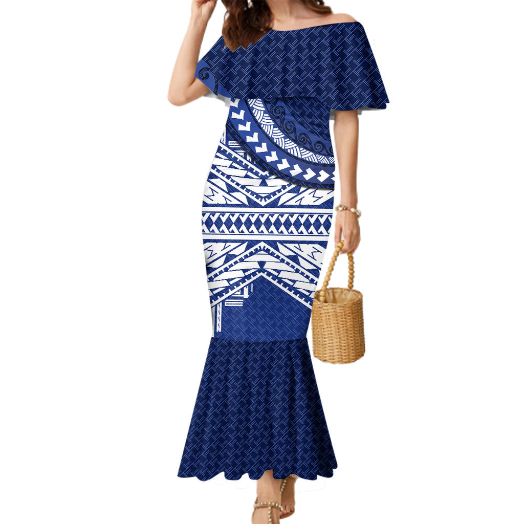 Northern Mariana Islands Saipan Family Matching Mermaid Dress and Hawaiian Shirt Polynesian Tribal Pattern - Commonwealth Seal Art TS04 Mom's Dress Blue White - Polynesian Pride