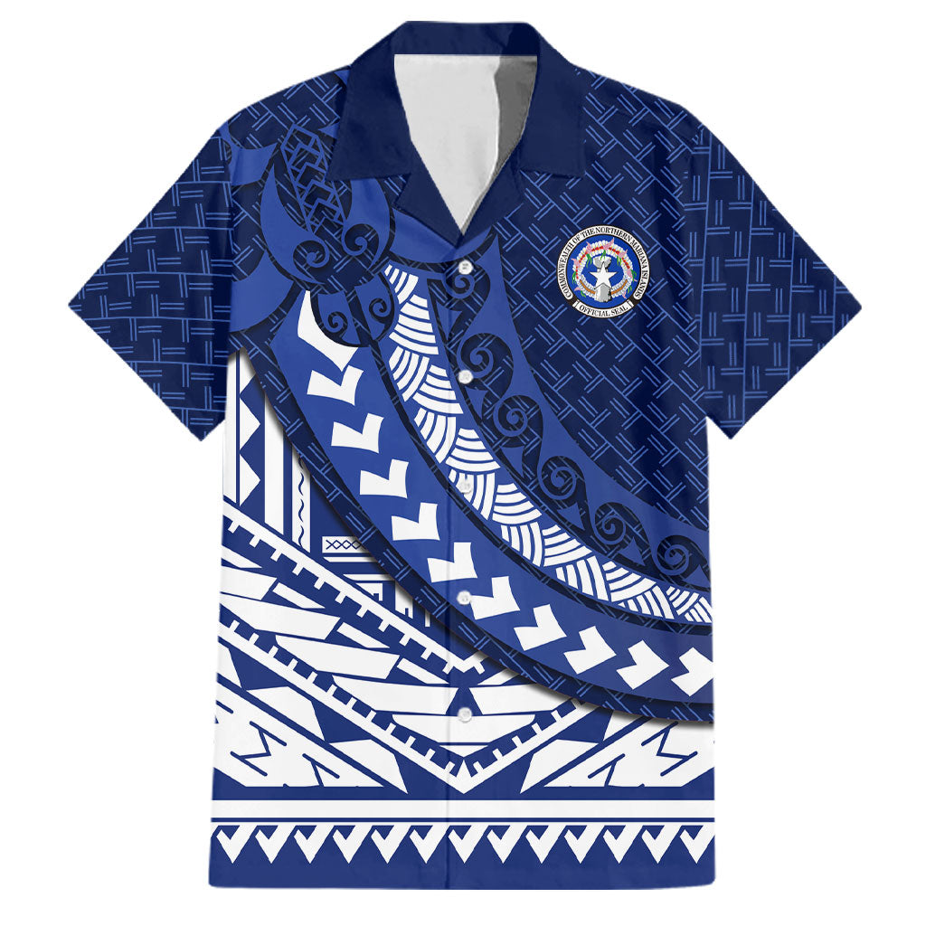Northern Mariana Islands Saipan Family Matching Off Shoulder Maxi Dress and Hawaiian Shirt Polynesian Tribal Pattern - Commonwealth Seal Art TS04 Dad's Shirt - Short Sleeve Blue White - Polynesian Pride