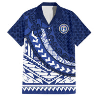 Northern Mariana Islands Saipan Family Matching Off Shoulder Short Dress and Hawaiian Shirt Polynesian Tribal Pattern - Commonwealth Seal Art TS04 Dad's Shirt - Short Sleeve Blue White - Polynesian Pride