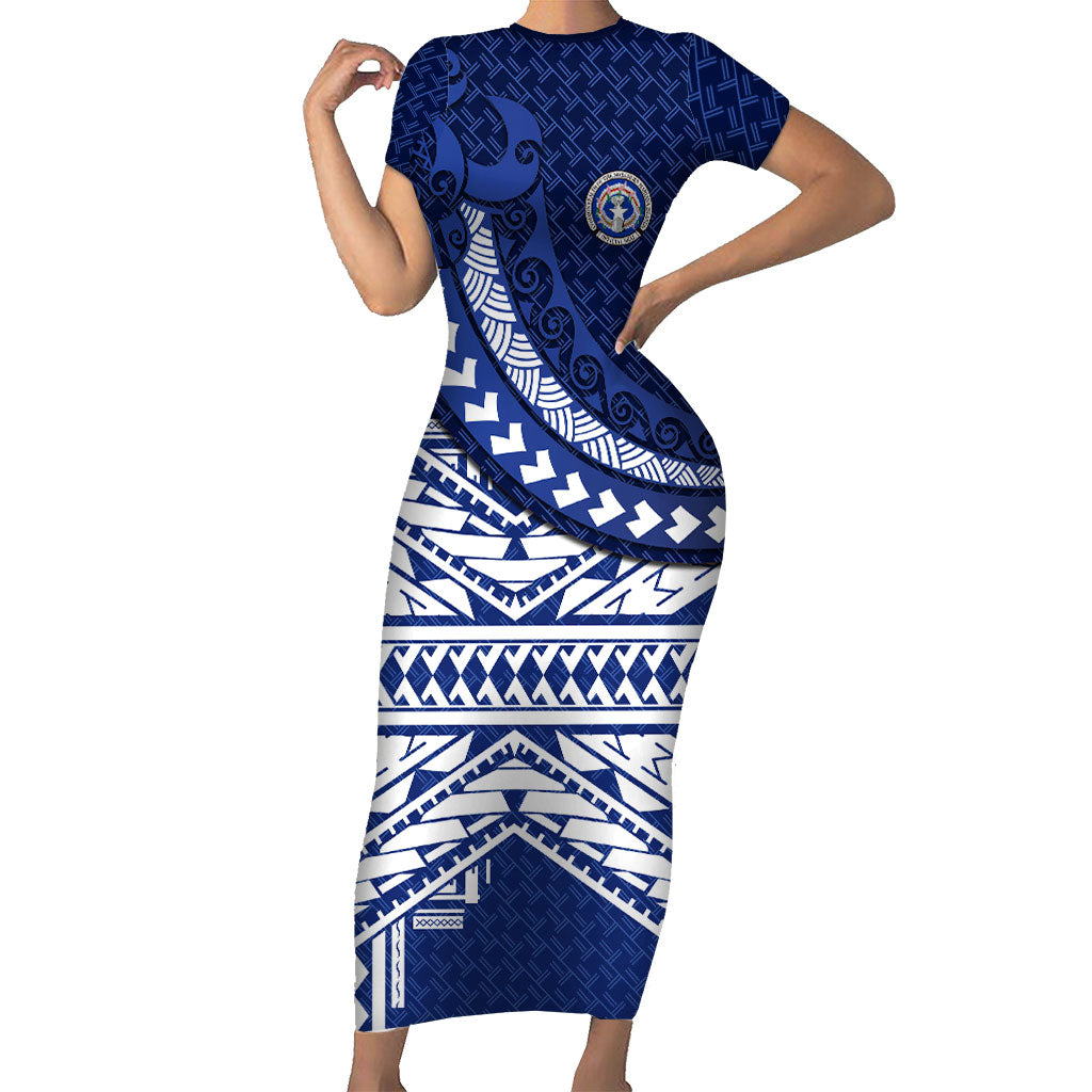 Northern Mariana Islands Saipan Family Matching Short Sleeve Bodycon Dress and Hawaiian Shirt Polynesian Tribal Pattern - Commonwealth Seal Art TS04 Mom's Dress Blue White - Polynesian Pride