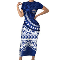 Northern Mariana Islands Saipan Family Matching Short Sleeve Bodycon Dress and Hawaiian Shirt Polynesian Tribal Pattern - Commonwealth Seal Art TS04 Mom's Dress Blue White - Polynesian Pride