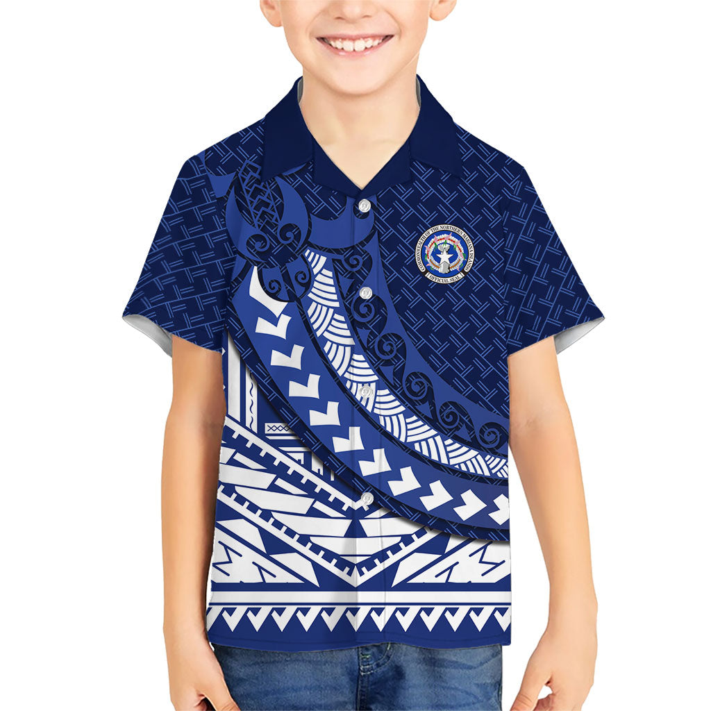 Northern Mariana Islands Saipan Family Matching Summer Maxi Dress and Hawaiian Shirt Polynesian Tribal Pattern - Commonwealth Seal Art TS04 Son's Shirt Blue White - Polynesian Pride