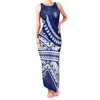 Northern Mariana Islands Saipan Family Matching Tank Maxi Dress and Hawaiian Shirt Polynesian Tribal Pattern - Commonwealth Seal Art TS04 Mom's Dress Blue White - Polynesian Pride
