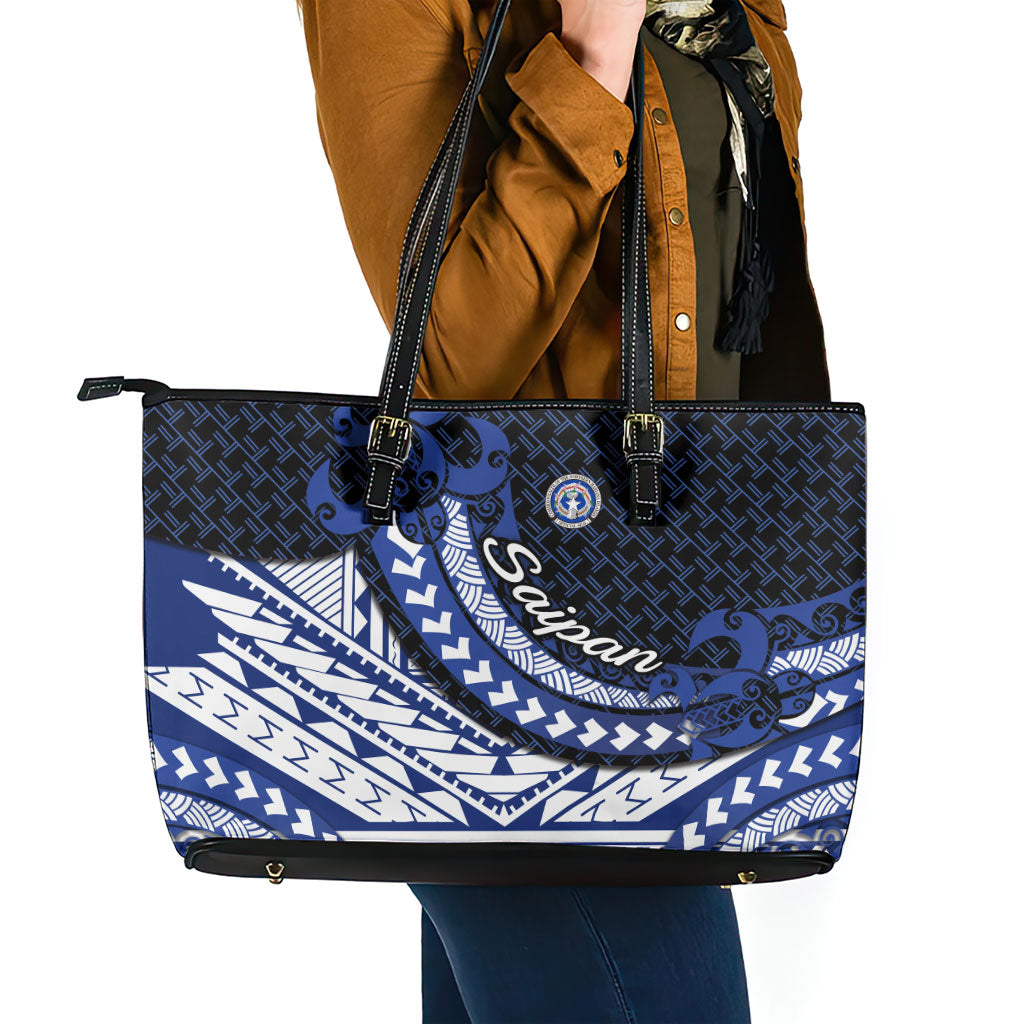 Northern Mariana Islands Saipan Leather Tote Bag Polynesian Tribal Pattern - Commonwealth Seal Art