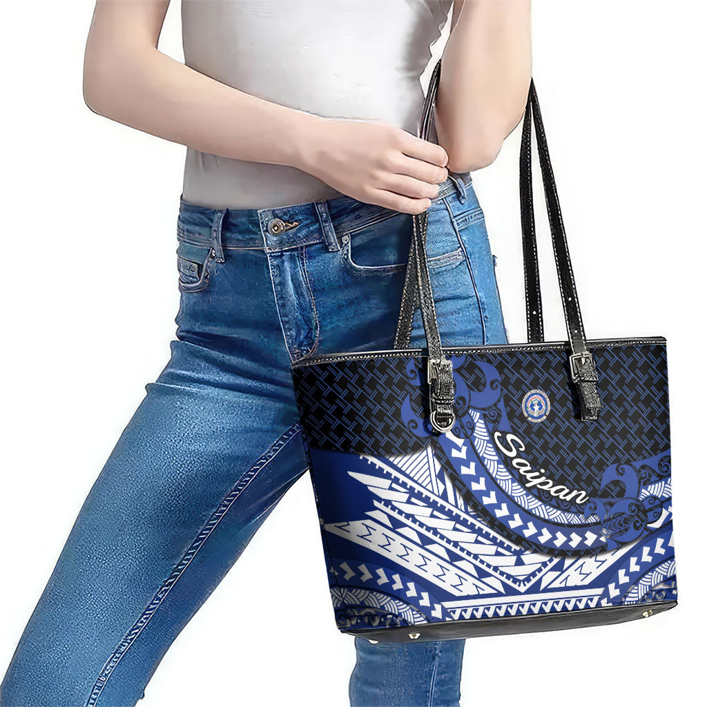 Northern Mariana Islands Saipan Leather Tote Bag Polynesian Tribal Pattern - Commonwealth Seal Art