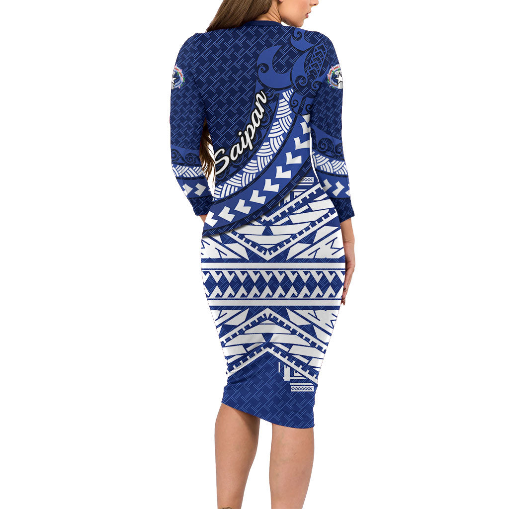 Northern Mariana Islands Saipan Long Sleeve Bodycon Dress Polynesian Tribal Pattern - Commonwealth Seal Art