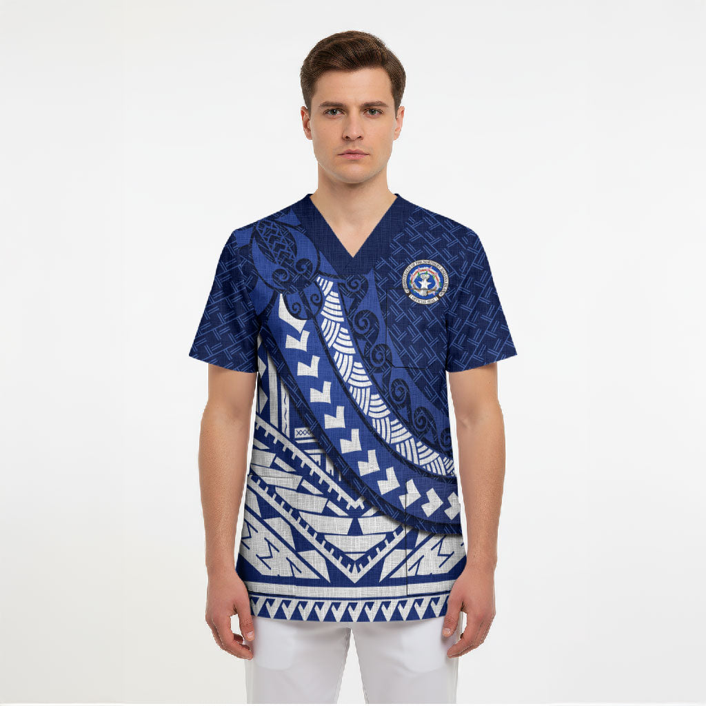 Northern Mariana Islands Saipan Scrub Top Polynesian Tribal Pattern - Commonwealth Seal Art
