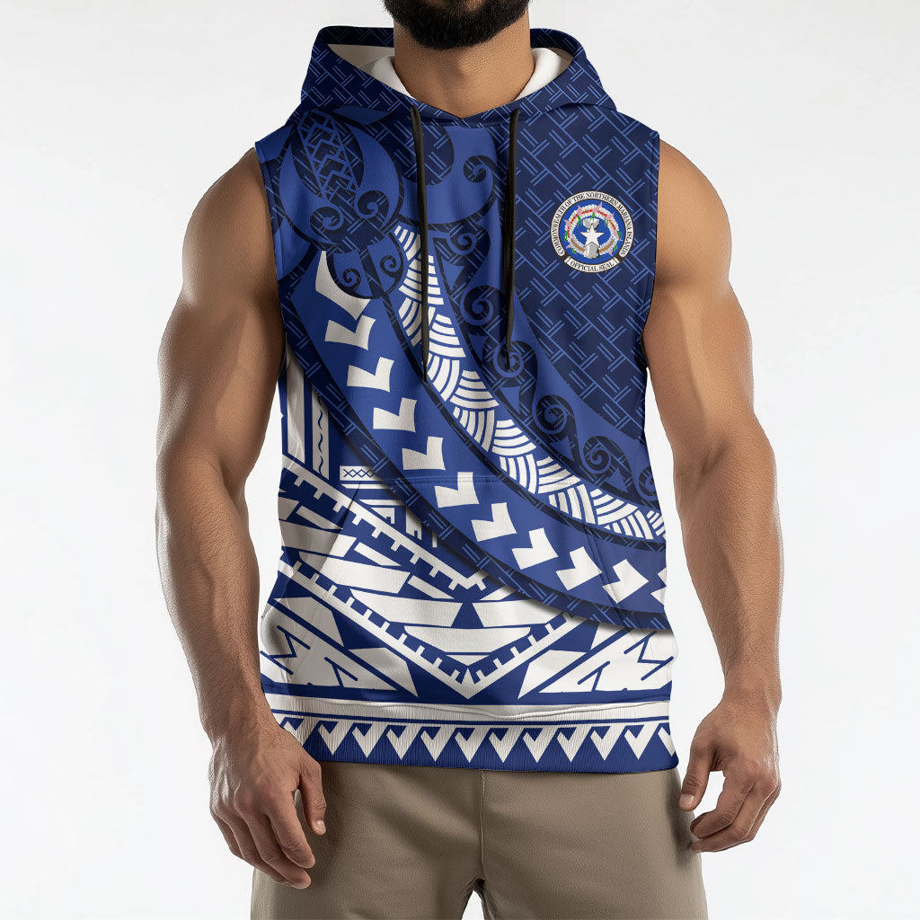 Northern Mariana Islands Saipan Sleeveless Hoodie Polynesian Tribal Pattern - Commonwealth Seal Art