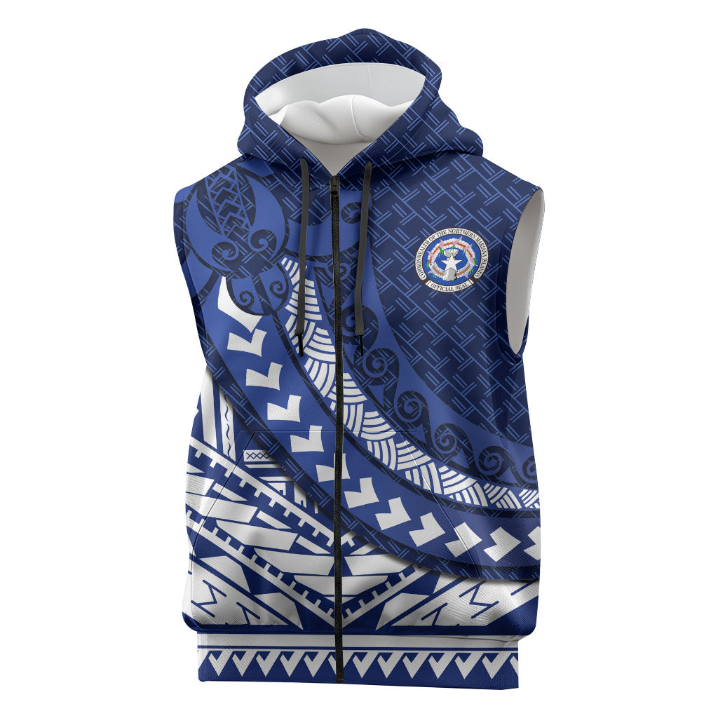Northern Mariana Islands Saipan Sleeveless Zip Hoodie Polynesian Tribal Pattern - Commonwealth Seal Art