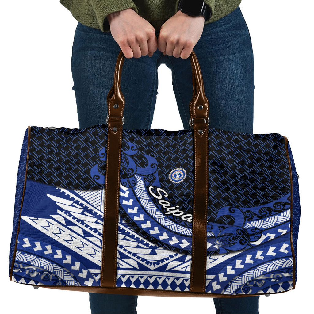 Northern Mariana Islands Saipan Travel Bag Polynesian Tribal Pattern - Commonwealth Seal Art TS04 Blue White - Polynesian Pride