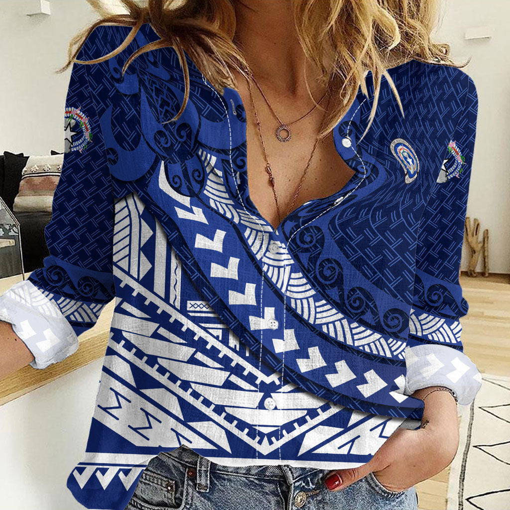 Northern Mariana Islands Saipan Women Casual Shirt Polynesian Tribal Pattern - Commonwealth Seal Art